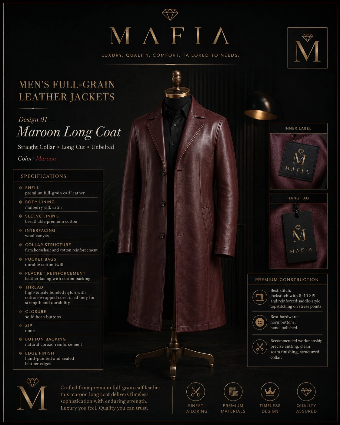 Men's Maroon Long Coat — Design 01
