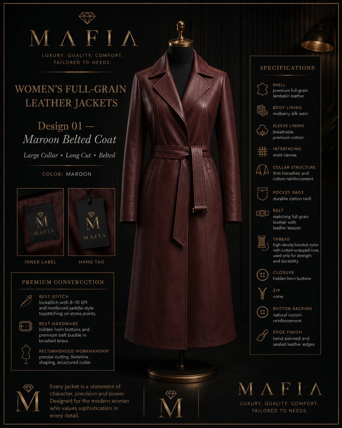 Siena Trench specification sheet — Women's Design 01 Maroon Belted Coat