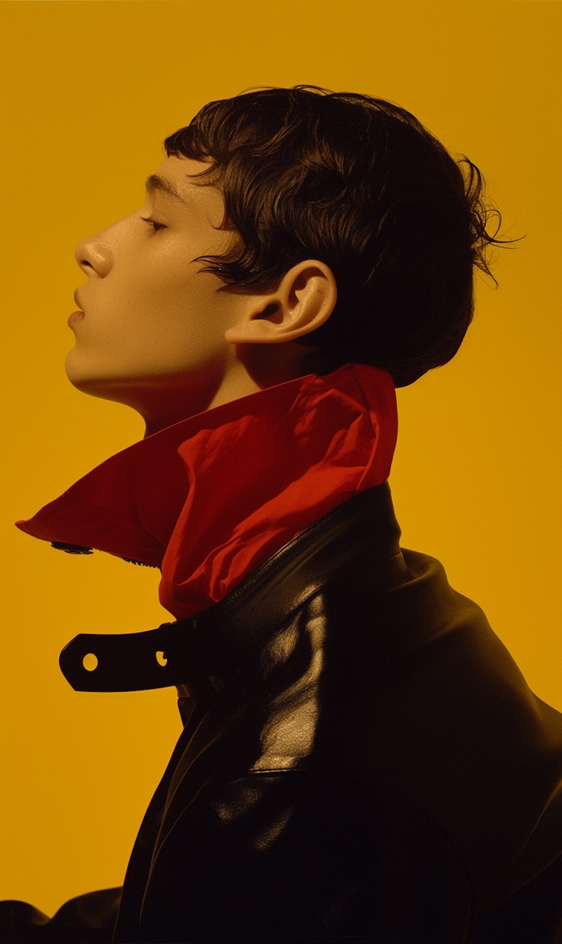 Model in profile wearing a black leather jacket