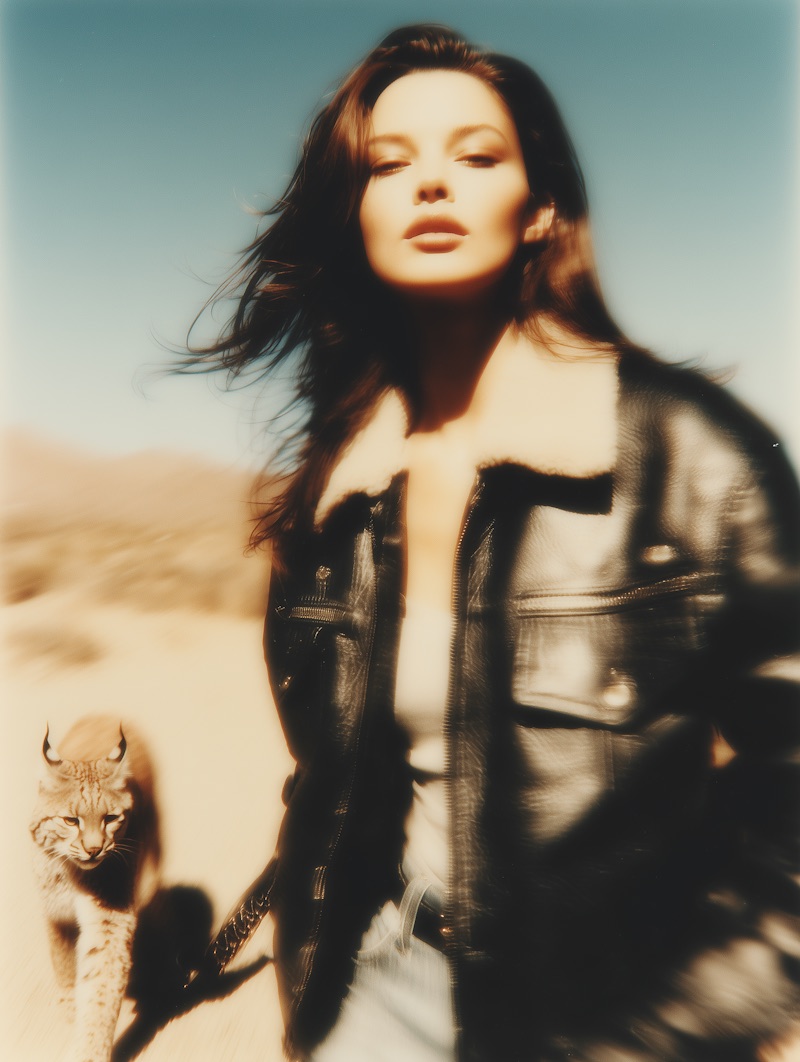Model in a black leather jacket in the desert