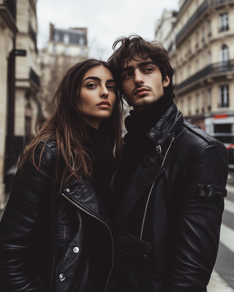 Couple in black leather jackets on a Paris street