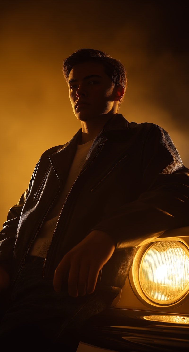 Model in a leather jacket lit by a car headlight