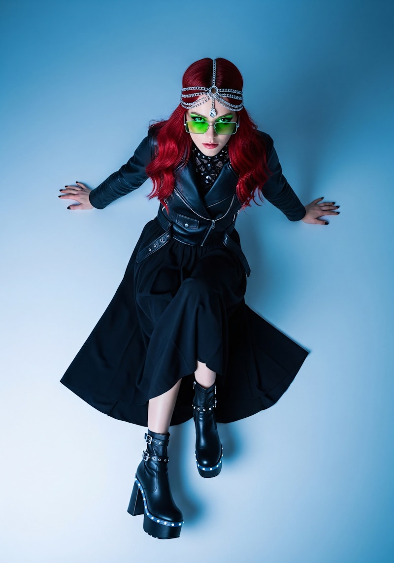 Model in a black leather jacket and long skirt