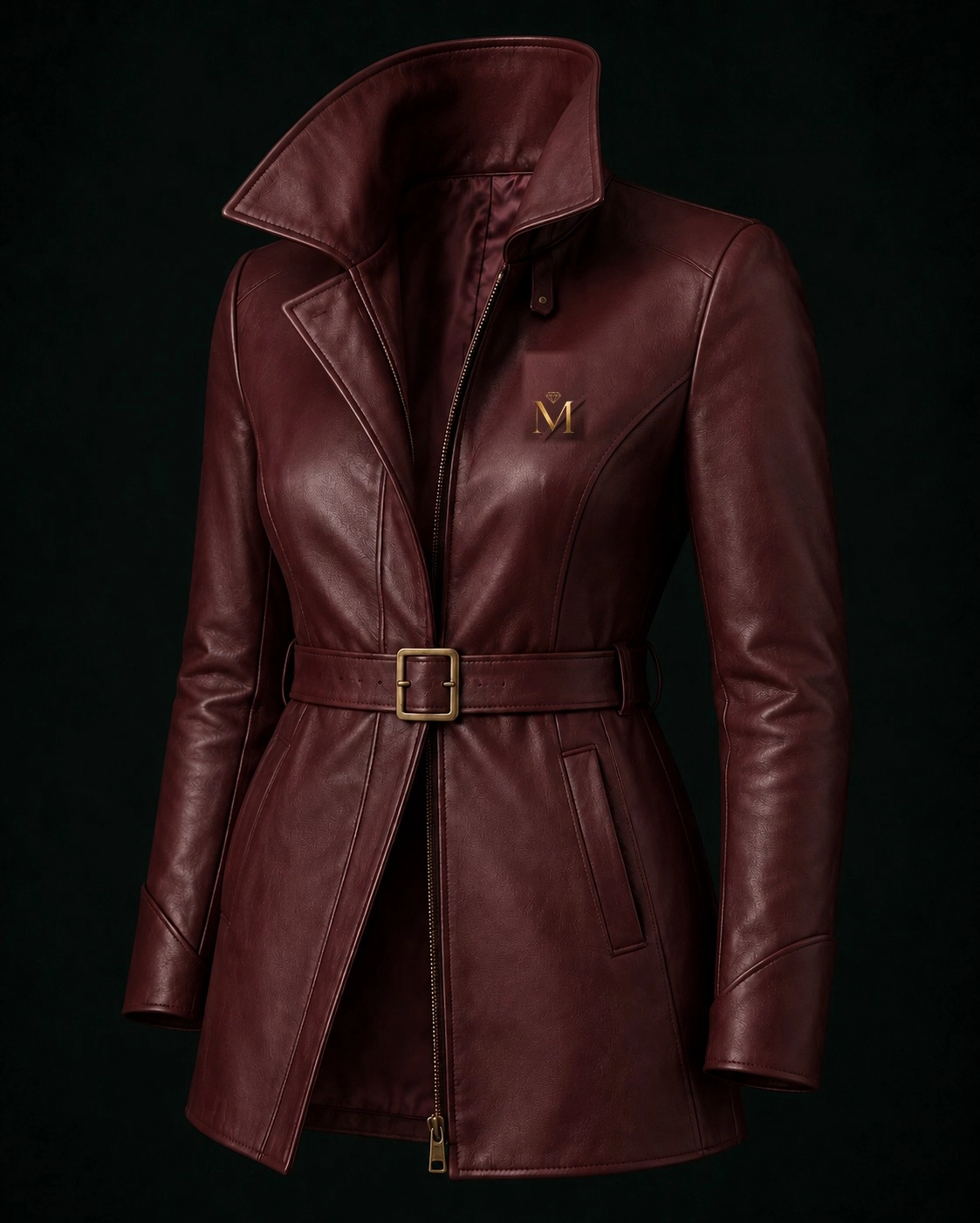 Oxblood full-grain leather trench coat with tall collar and belted waist