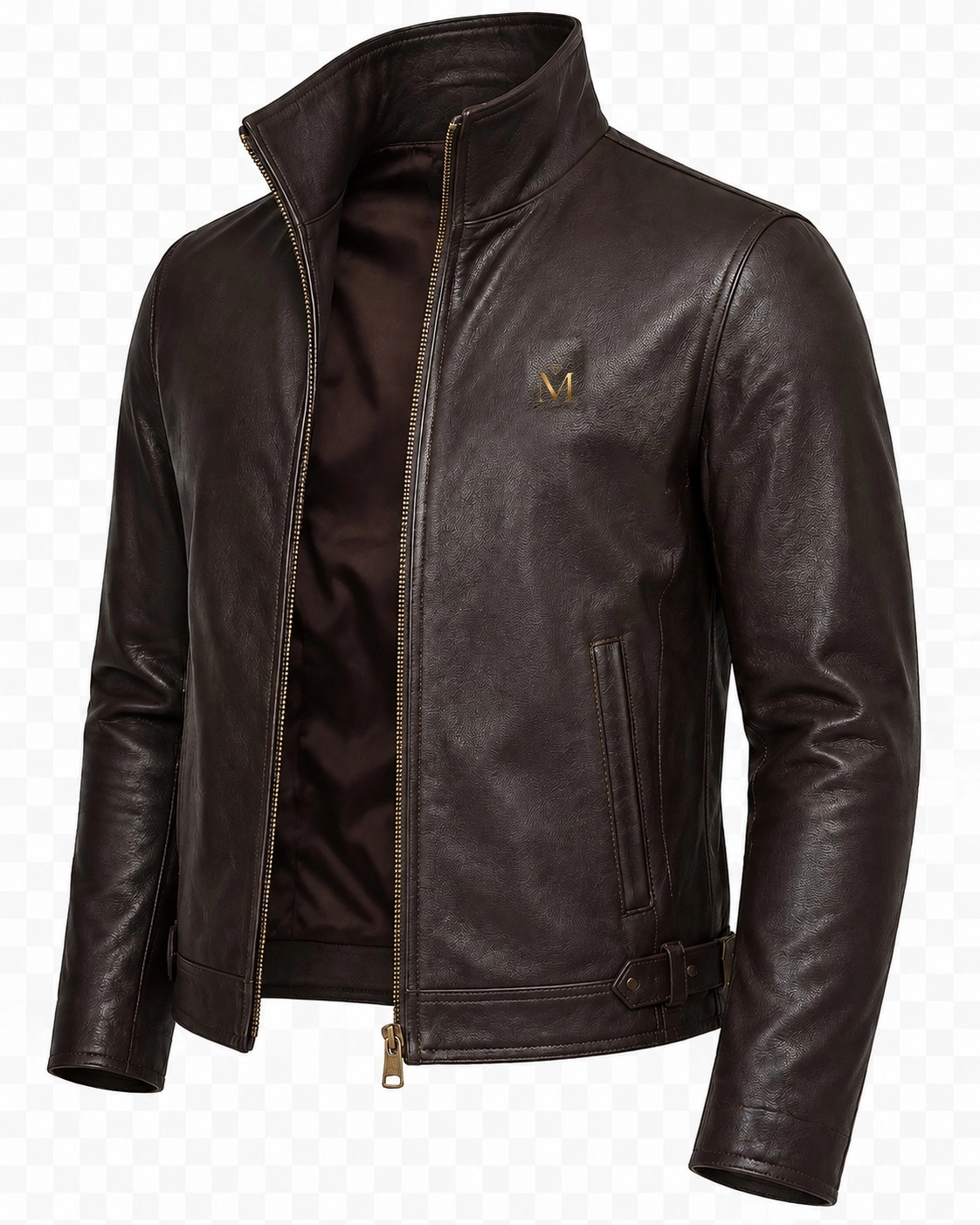 Dark brown full-grain leather cafe racer jacket with stand collar and brass zip
