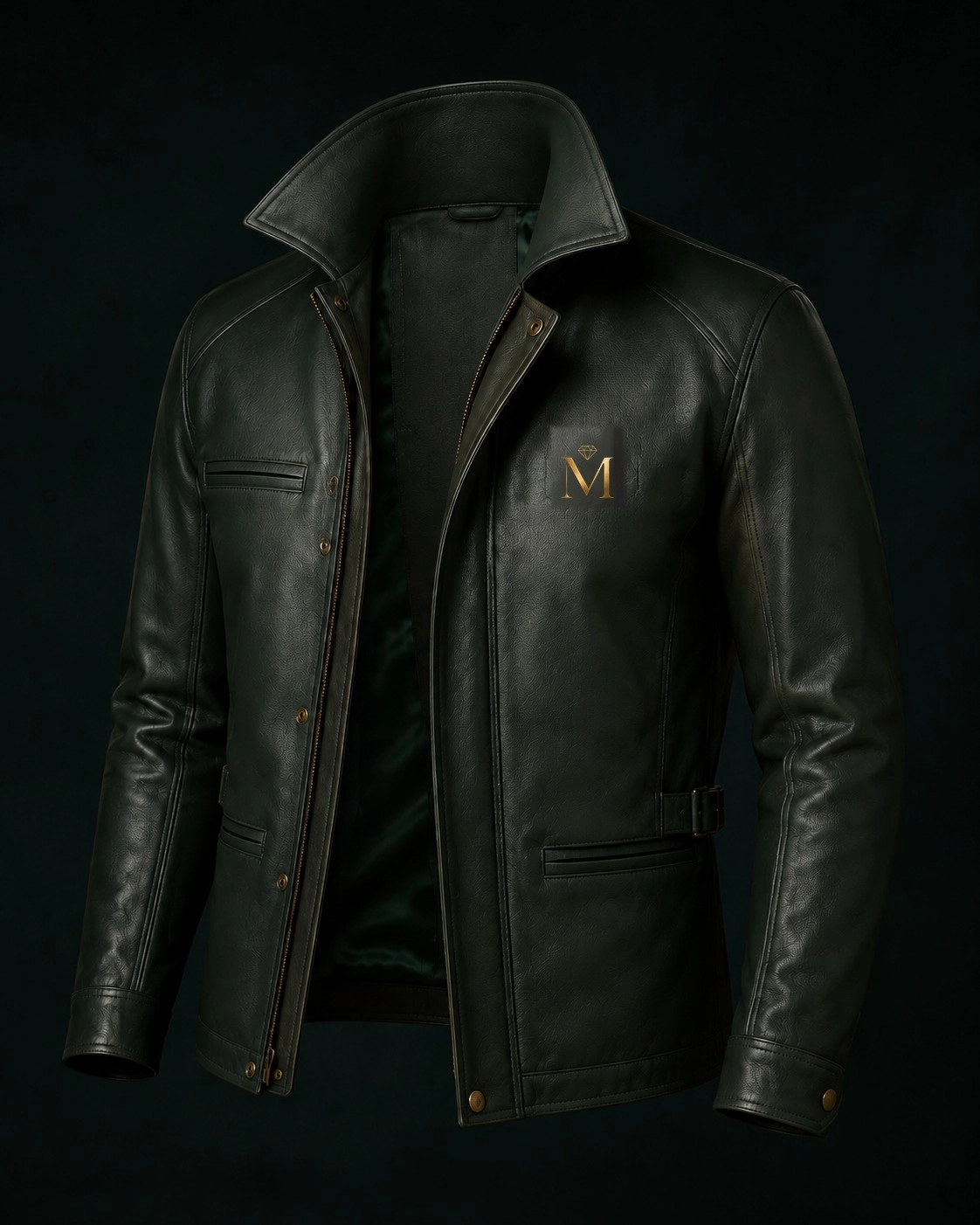 Deep forest-green full-grain leather field jacket with stand collar
