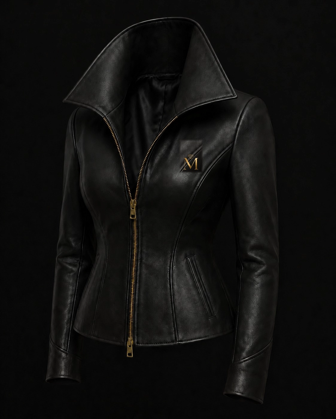 Black leather jacket with tall funnel collar and gold two-way zip