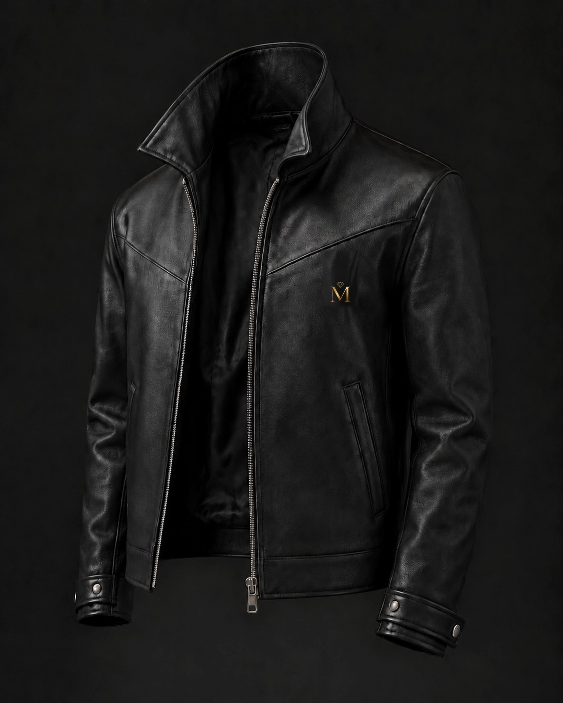 Matte black leather bomber jacket with stand collar and gunmetal zip