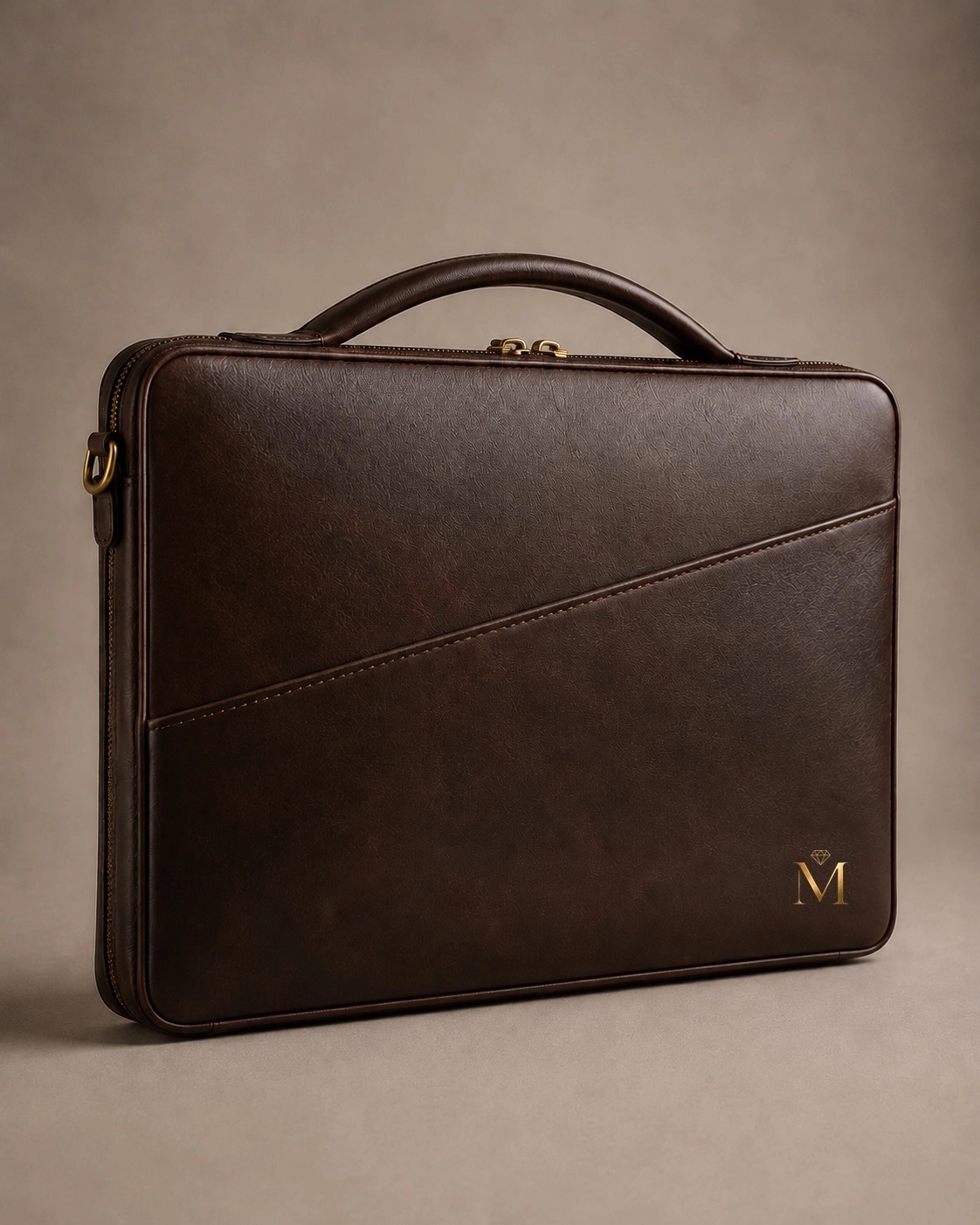 Dark espresso leather zip briefcase with rolled top handle and shoulder ring