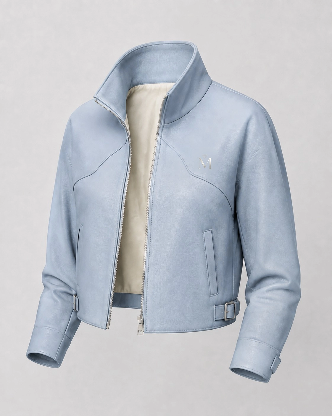 Powder-blue cropped leather jacket with stand collar and snap cuffs